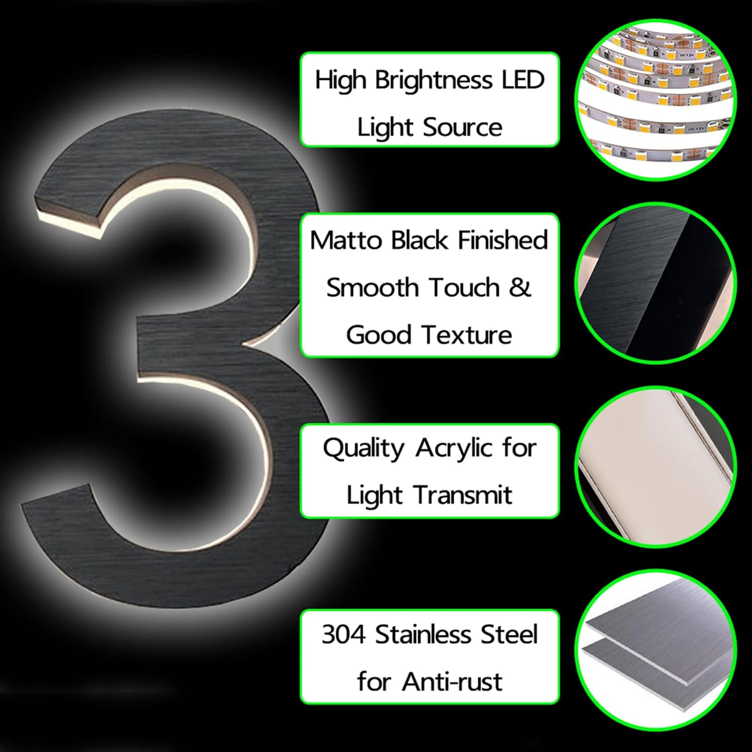 Backlit Lighed LED House Numbers, Black Finishes, Address Signs Lighted Plaque, Outdoor/Indoor, Modern, Low-Voltage, Weatherproof, Day & Night, White Light,16 Inch,1