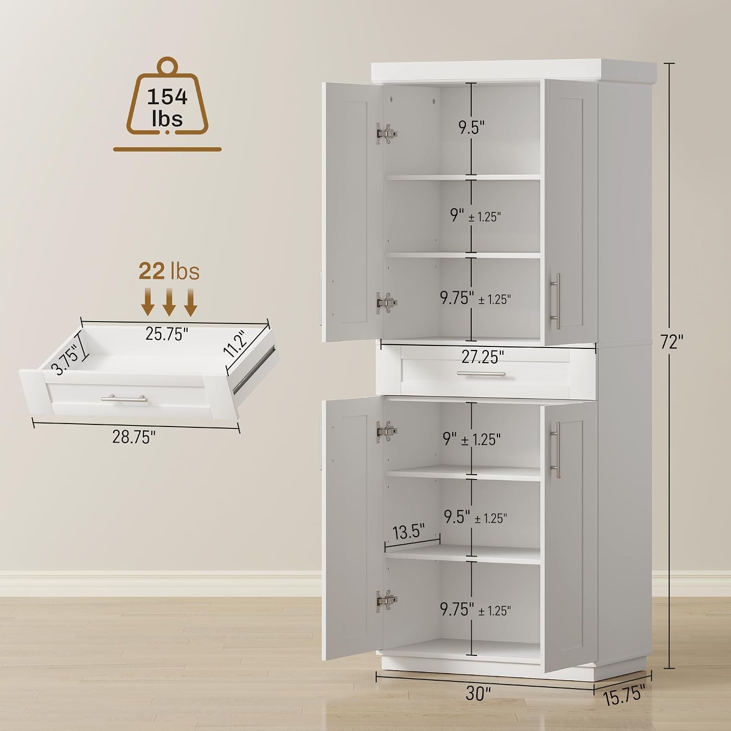 HOMCOM 72' Kitchen Pantry Cabinet, Freestanding Tall Storage Cabinet with 4 Doors, Drawer and 3 Adjustable Shelves for Dining Room, White