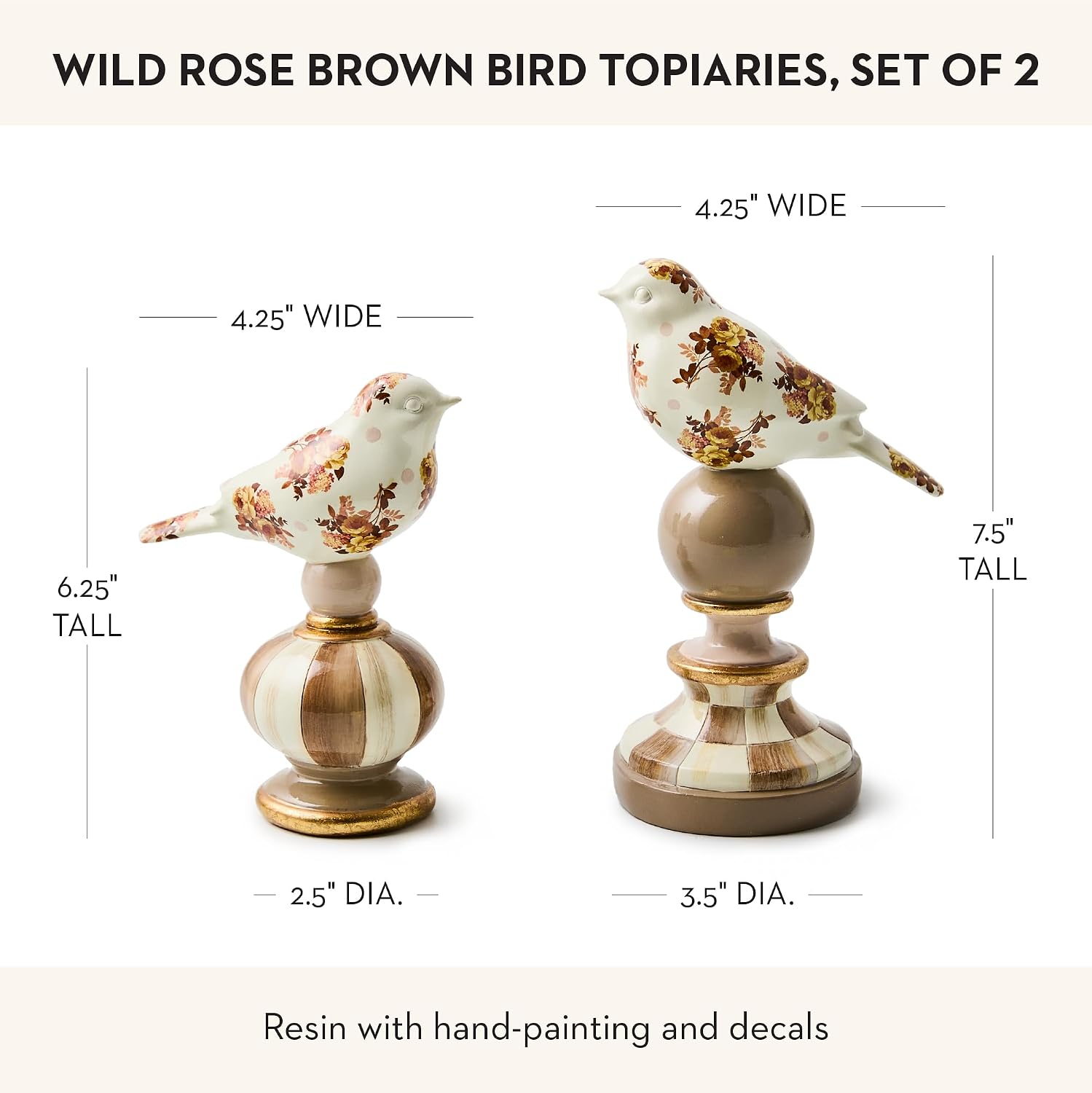 MACKENZIE-CHILDS Bird Topiaries, Decorative Bird Decor for Living Room or Bedroom Table Decor, Set of 2, Wild Rose Brown
