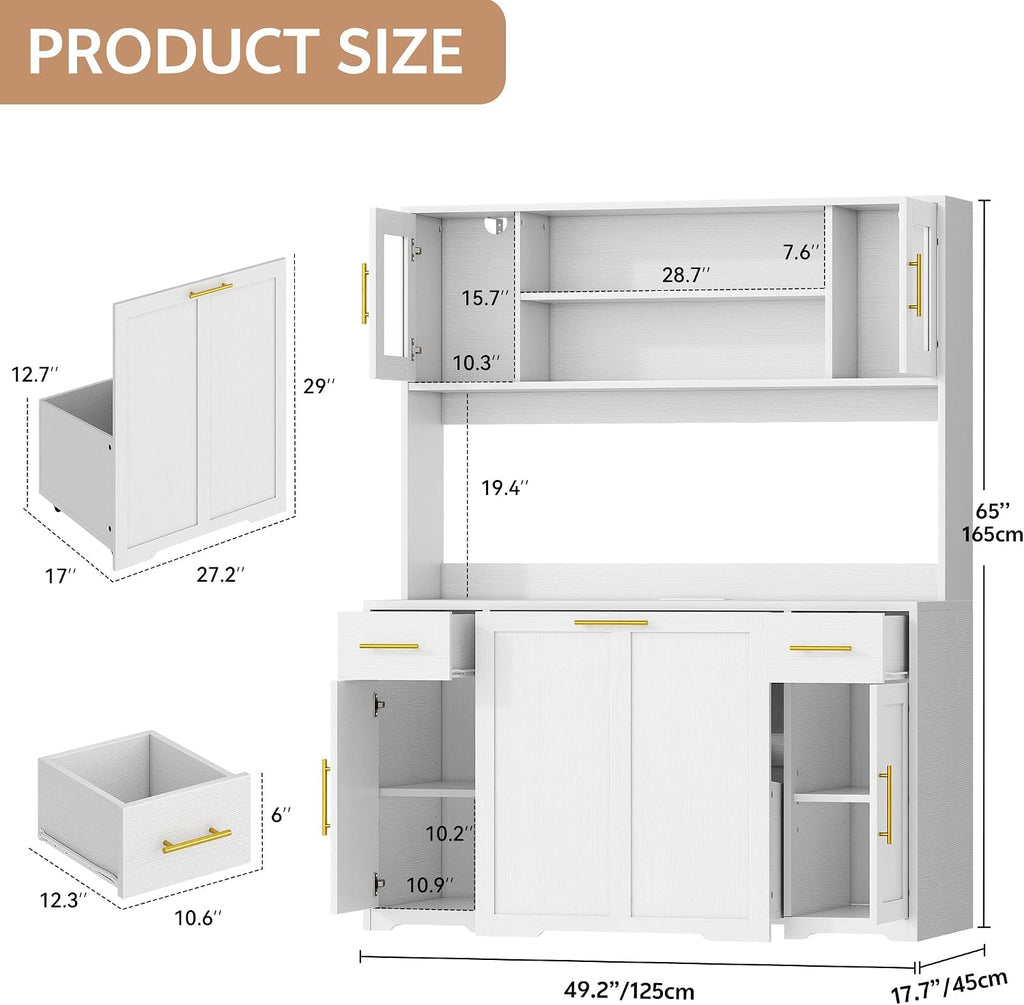 Hutch Cabinet with Storage, 65' Tall Kitchen Pantry with Power Outlet, Double Pull Out Trash Can Cabinet, Kitchen Hutch with Countertop and Drawers, Modern Pantries for Home, White