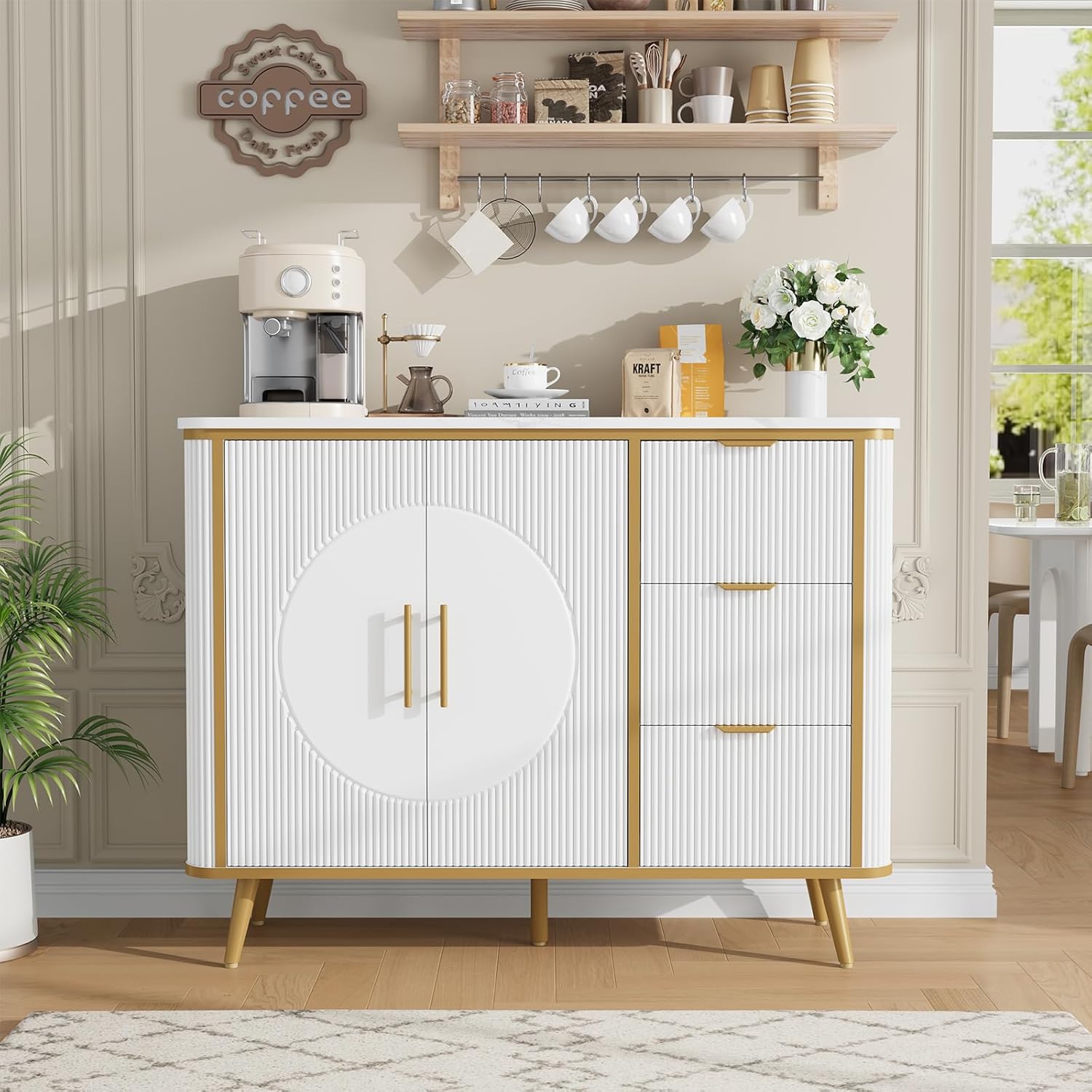 47.3' Modern Buffet Cabinet with Storage, Kitchen Sideboard Buffet with 2 Door & 3 Drawers, Fluted Caffee Bar Storage Cabinet for Dining Room, Living Room, Entryway, White