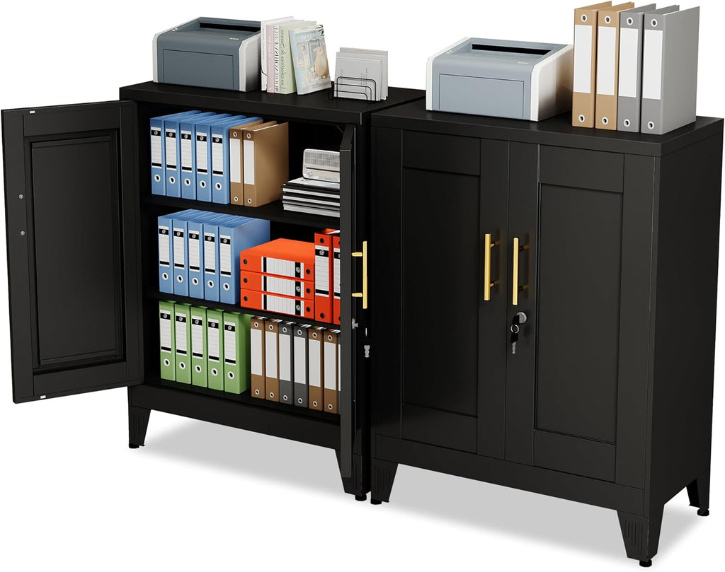 GAIOUS Black Metal File Cabinet with Lock (Two Units), Steel Storage Cabient with 2 Doors and 2 Adjustable Shelves, Multifunctional Locked Cabinet for Home/Office/Garage/Tool Room, Accent Furniture