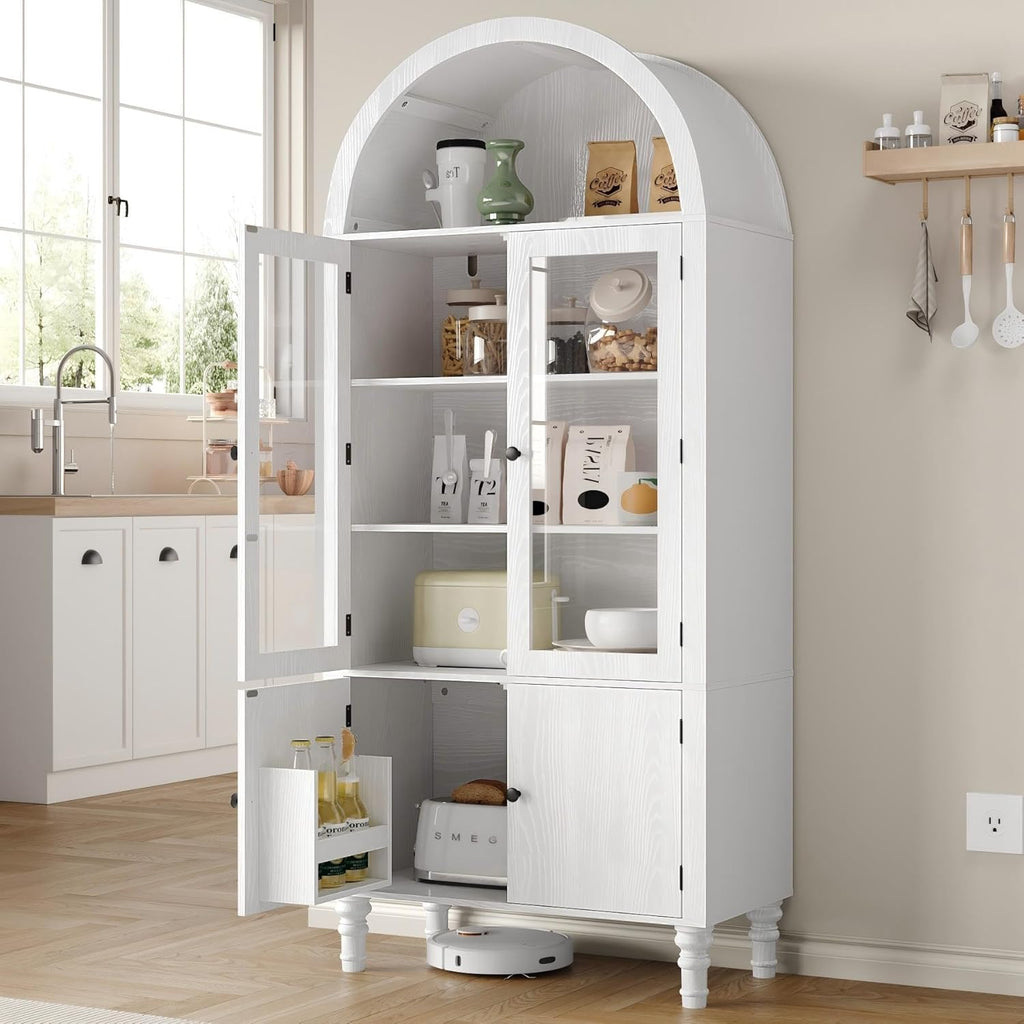 Furnify 71' Tall Arched Pantry Cabinet, Modern Kitchen Storage Cabinet with Doors, 3 Adjustable Shelves, Door Shelves, Organizer, Versatile Cupboard for Kitchen, Bathroom, White