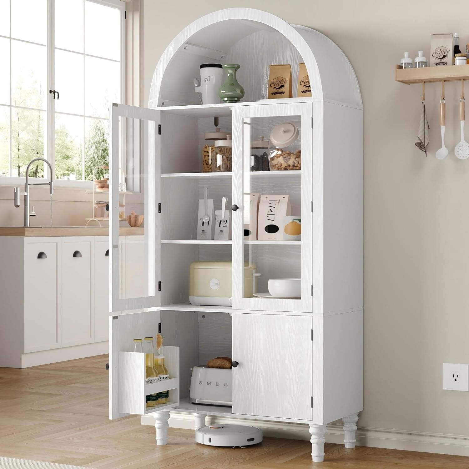 Furnify 71' Tall Arched Pantry Cabinet, Modern Kitchen Storage Cabinet with Doors, 3 Adjustable Shelves, Door Shelves, Organizer, Versatile Cupboard for Kitchen, Bathroom, White