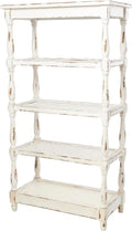 Deco 79 Farmhouse Distressed White Wood Bookshelf with Pierced Metal Interior Shelves & Turned Column Frame Shelving Unit, 30' x 16' x 55' White