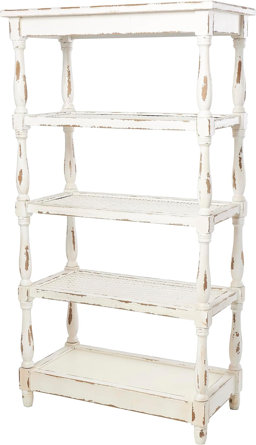Deco 79 Farmhouse Distressed White Wood Bookshelf with Pierced Metal Interior Shelves & Turned Column Frame Shelving Unit, 30' x 16' x 55' White