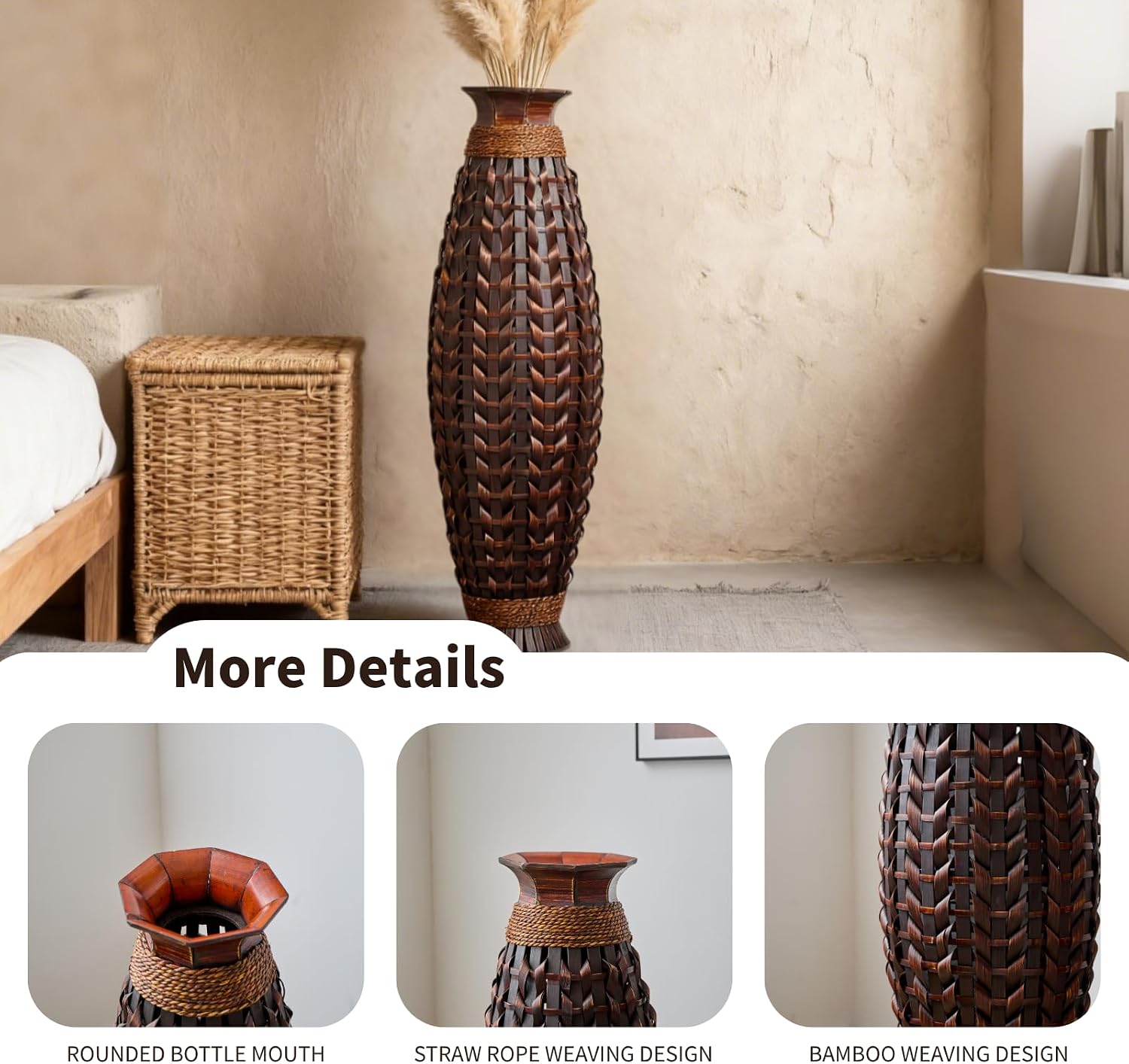39-Inch Large Handwoven Rattan Floor Vase, Bamboo Weave Tall Vase for Dried Flowers, Boho Chic Home Decor for Living Room, Bedroom, Entryway