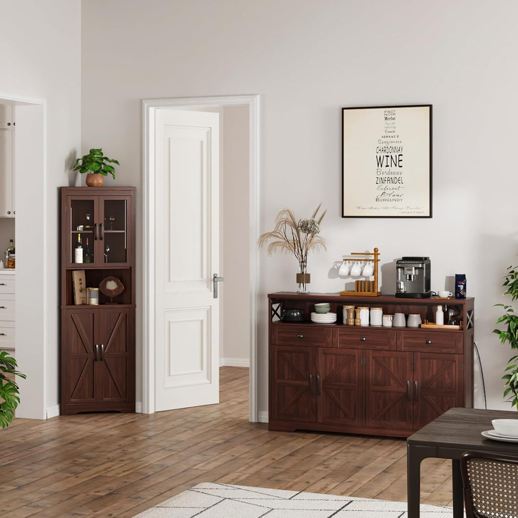 51' Dark Brown Buffet Sideboard Cabinet, Farmhouse Storage Cabinet Kitchen Pantry with Shelf and Drawers, Wood Cupboard Hutch Cabinet, Coffee Bar Station Table for Kitchen, Living Room, Dining Room