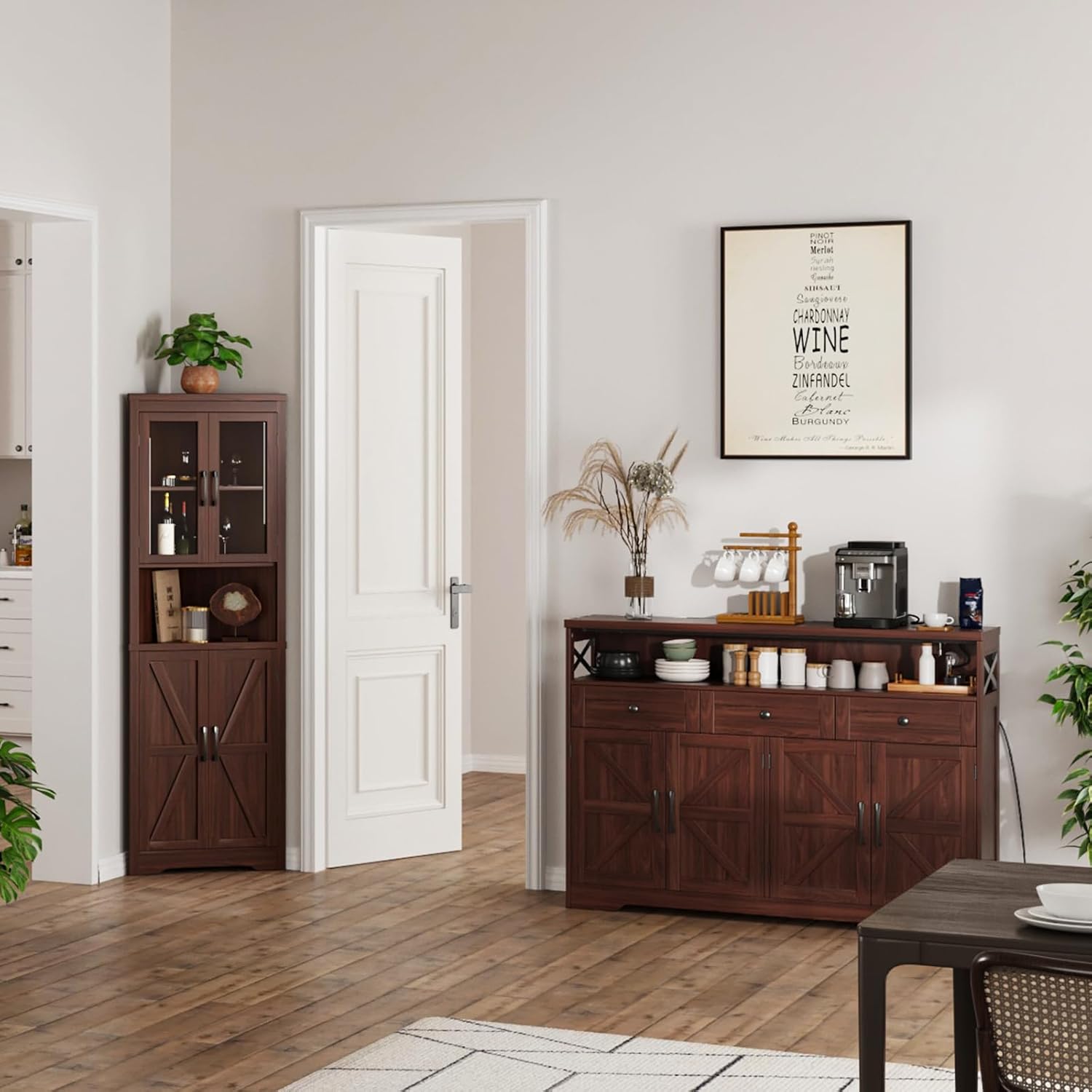 51' Dark Brown Buffet Sideboard Cabinet, Farmhouse Storage Cabinet Kitchen Pantry with Shelf and Drawers, Wood Cupboard Hutch Cabinet, Coffee Bar Station Table for Kitchen, Living Room, Dining Room