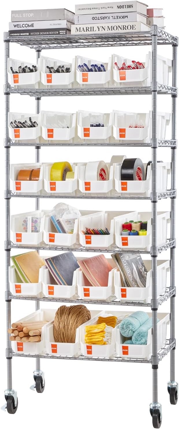 VEVOR 7-Tier Rolling Bin Storage Rack, 24 Small Bins, Bin Rack Storage Steel Wire Shelving System with Wheels, Mobile Tool Organizer for Garage, Warehouse, Office, Restaurant, Classroom, Kitchen