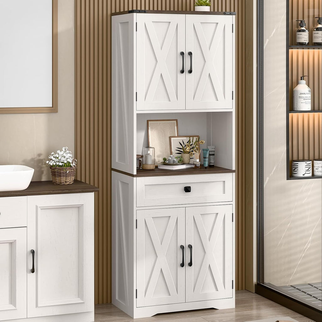 Halitaa Tall Kitchen Pantry Storage Cabinet, Farmhouse Storage with Organizer, Large Capacity Bathroom Cabinet with Drawer,Freestanding Cupboard for Kitchen, Dining Room, White