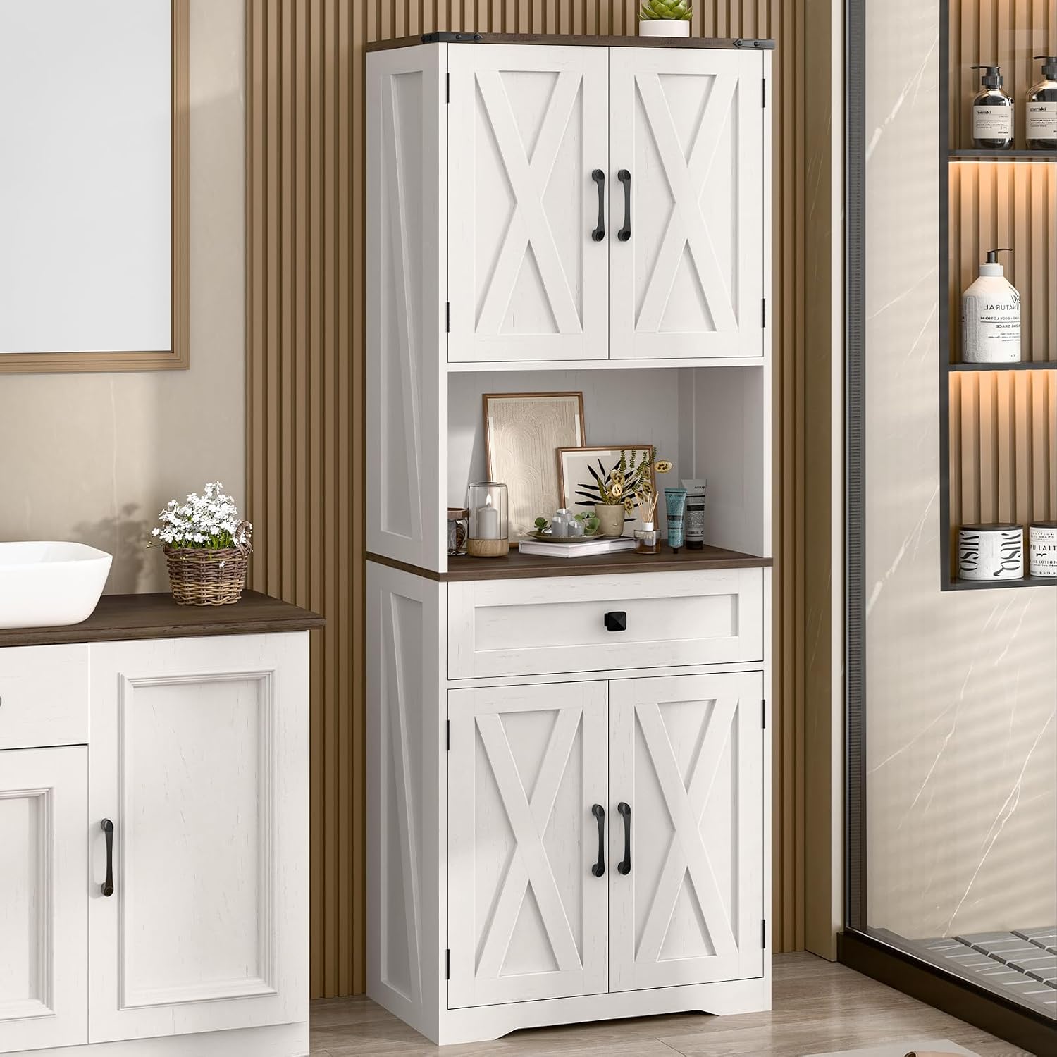 Halitaa Tall Kitchen Pantry Storage Cabinet, Farmhouse Storage with Organizer, Large Capacity Bathroom Cabinet with Drawer,Freestanding Cupboard for Kitchen, Dining Room, White