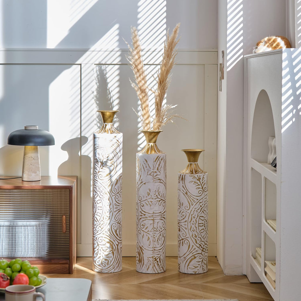 Gorgeous Set of 3 White & Gold Metal Vases - Stylish Floor Decoration, 24in/28.7in/33.5in Tall for Elegant Home Décor!