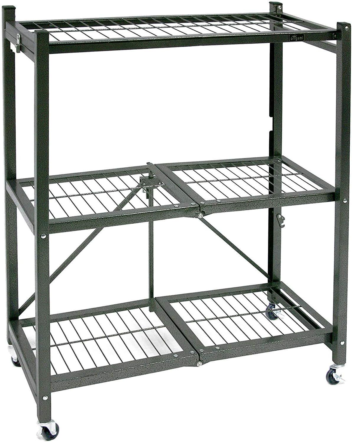 Origami 2 Pack 3 Tier Folding Shelves, Storage Shelving Rack Unit with Wheels, Pewter