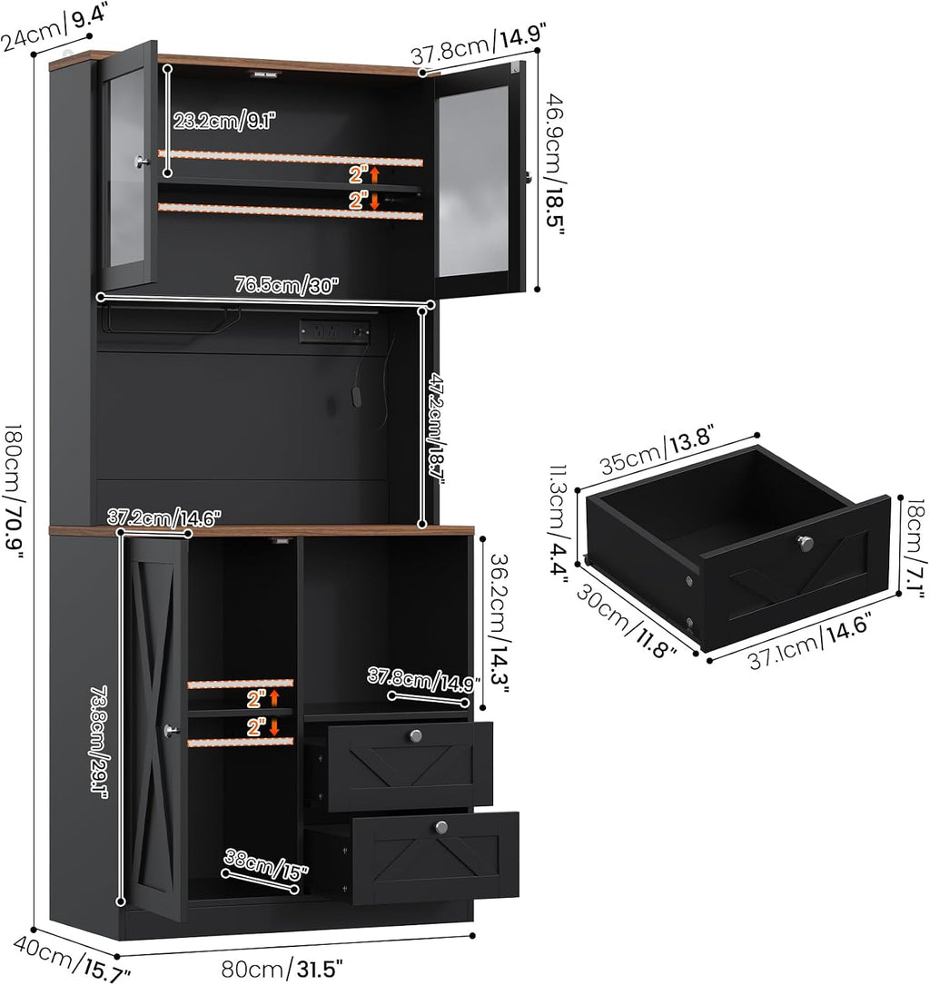 71' Tall Coffee Bar Cabinet with Storage Hutch, Farmhouse Kitchen Pantry Cabinet with LED Lights Microwave Stand and Glass Holder for Home Dining Room Kitchen (Black)