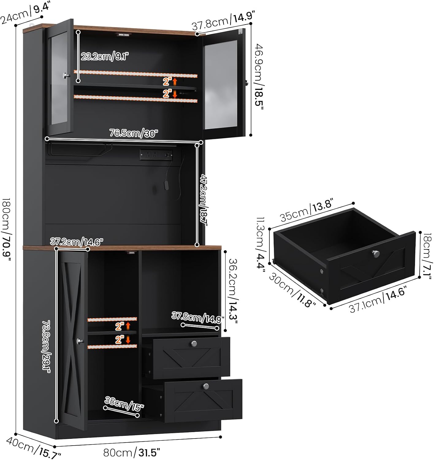 71' Tall Coffee Bar Cabinet with Storage Hutch, Farmhouse Kitchen Pantry Cabinet with LED Lights Microwave Stand and Glass Holder for Home Dining Room Kitchen (Black)