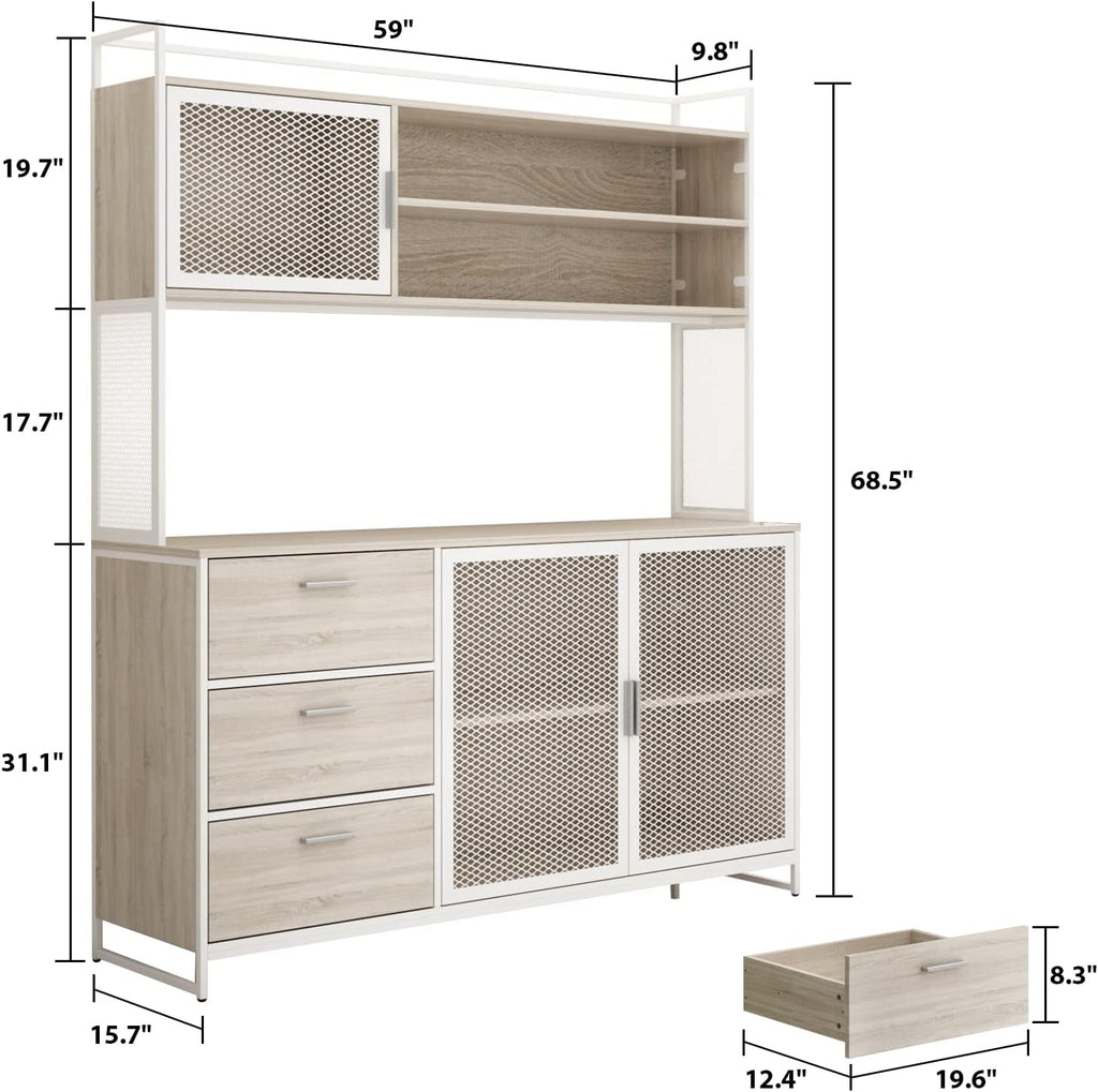 ECACAD Modern Wood Sideboard Buffet Storage Cabinet with Hutch, 3 Metal Mesh Doors, 3 Drawers & 5 Compartments, Kitchen Pantry Cupboard Console Table for Living Room, Dining Room, Light Oak