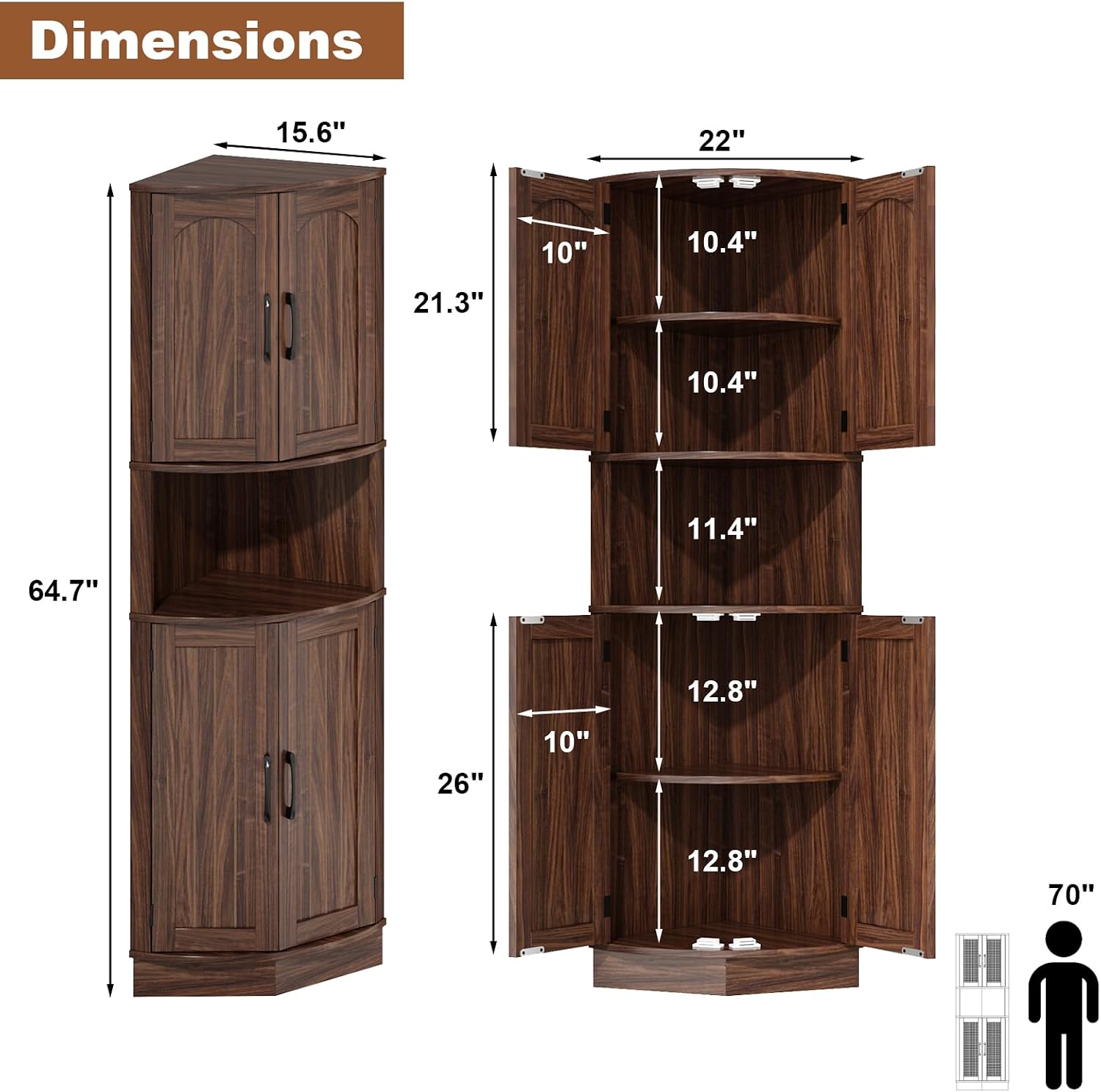 HOKYHOKY Tall Corner Cabinet, 64.7' Corner Storage Cabinet with 4 Doors and 5 Storage Shelves, Farmhouse Space Saver with Arched Door Design for Living Room, Kitchen, Bathroom, Office
