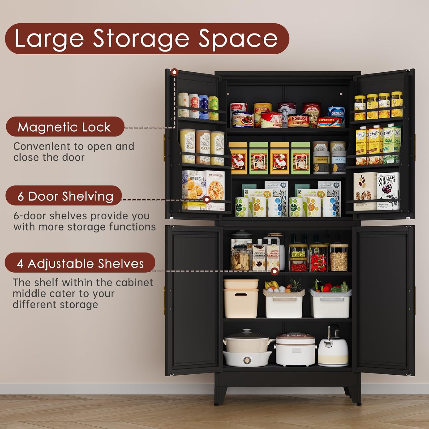 PAOFIN 75' H Metal Storage Cabinet, Pantry with 6 Door Shelves and 4 Adjustable Shelves, Leveling Foot for Kitchen, Living Room and Dinning Room, Black