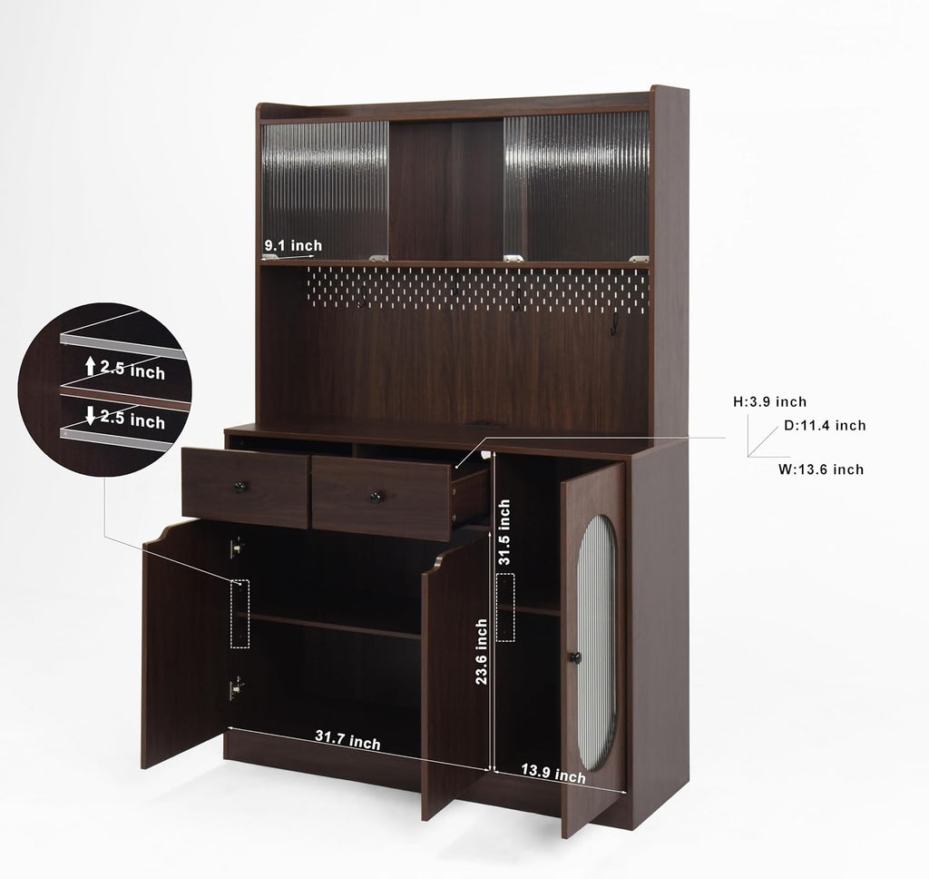 71' Tall Kitchen Pantry Storage Cabinet with Glass Doors Large Capacity Display, Microwave Stand, Bakers Rack with Storage for Kitchen, Pantry, Living Room (Walnut)