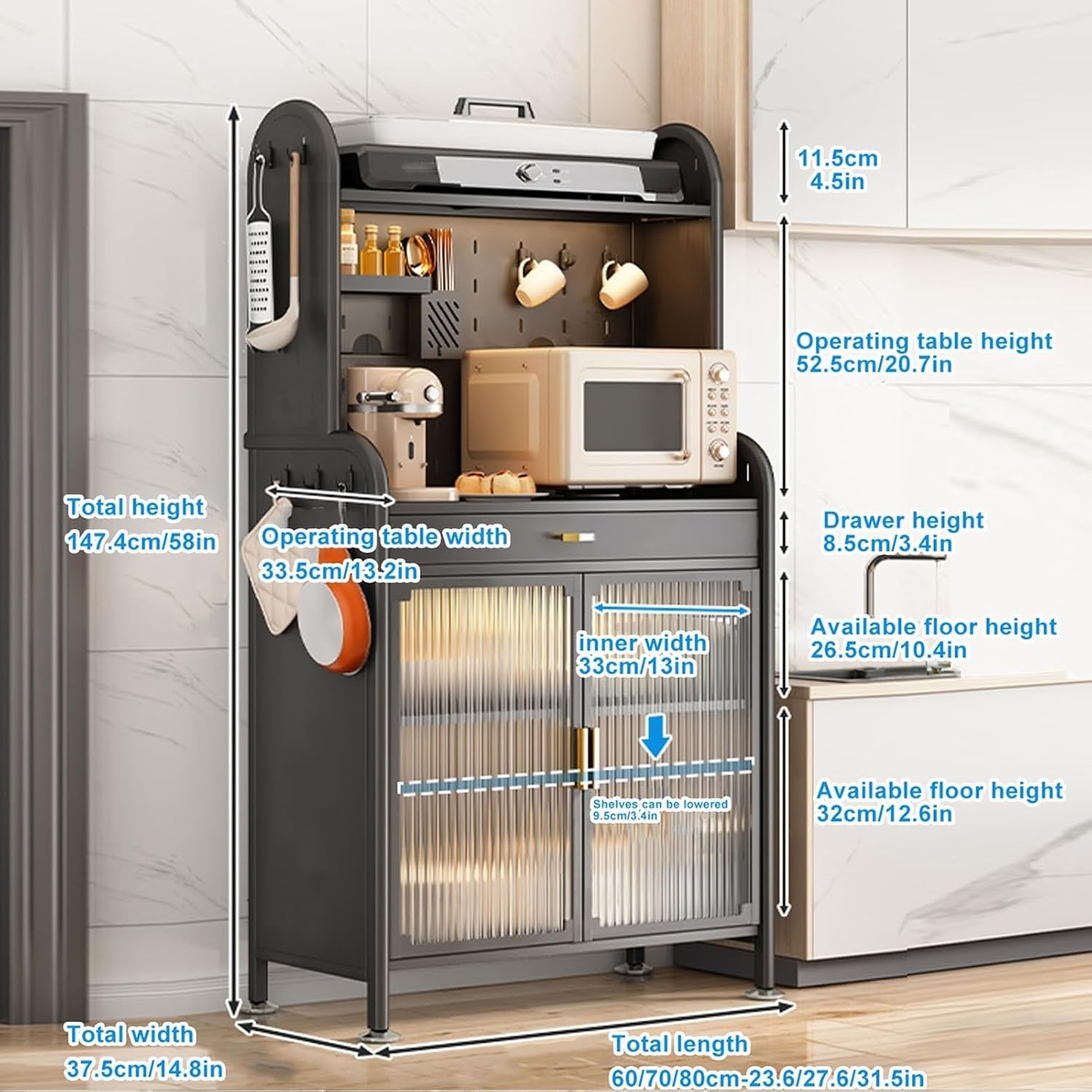 4-Tier Kitchen Storage Cabinet with Drawer, Baker's Rack & Pegboard Accessories, Versatile Pantry Organizer for Home, Garage & Kitchen - Ideal for Spices, Pots & Pans