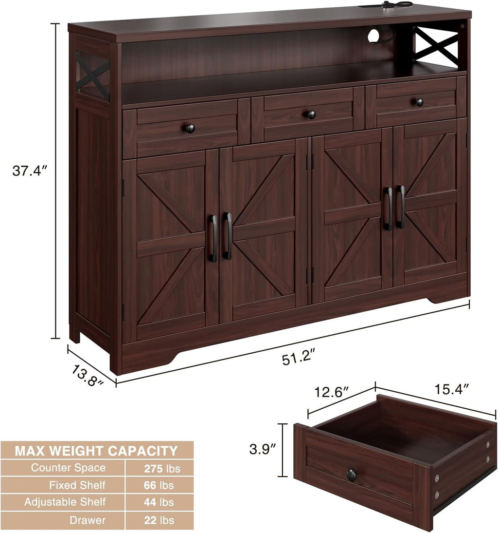 51' Dark Brown Buffet Sideboard Cabinet, Farmhouse Storage Cabinet Kitchen Pantry with Shelf and Drawers, Wood Cupboard Hutch Cabinet, Coffee Bar Station Table for Kitchen, Living Room, Dining Room
