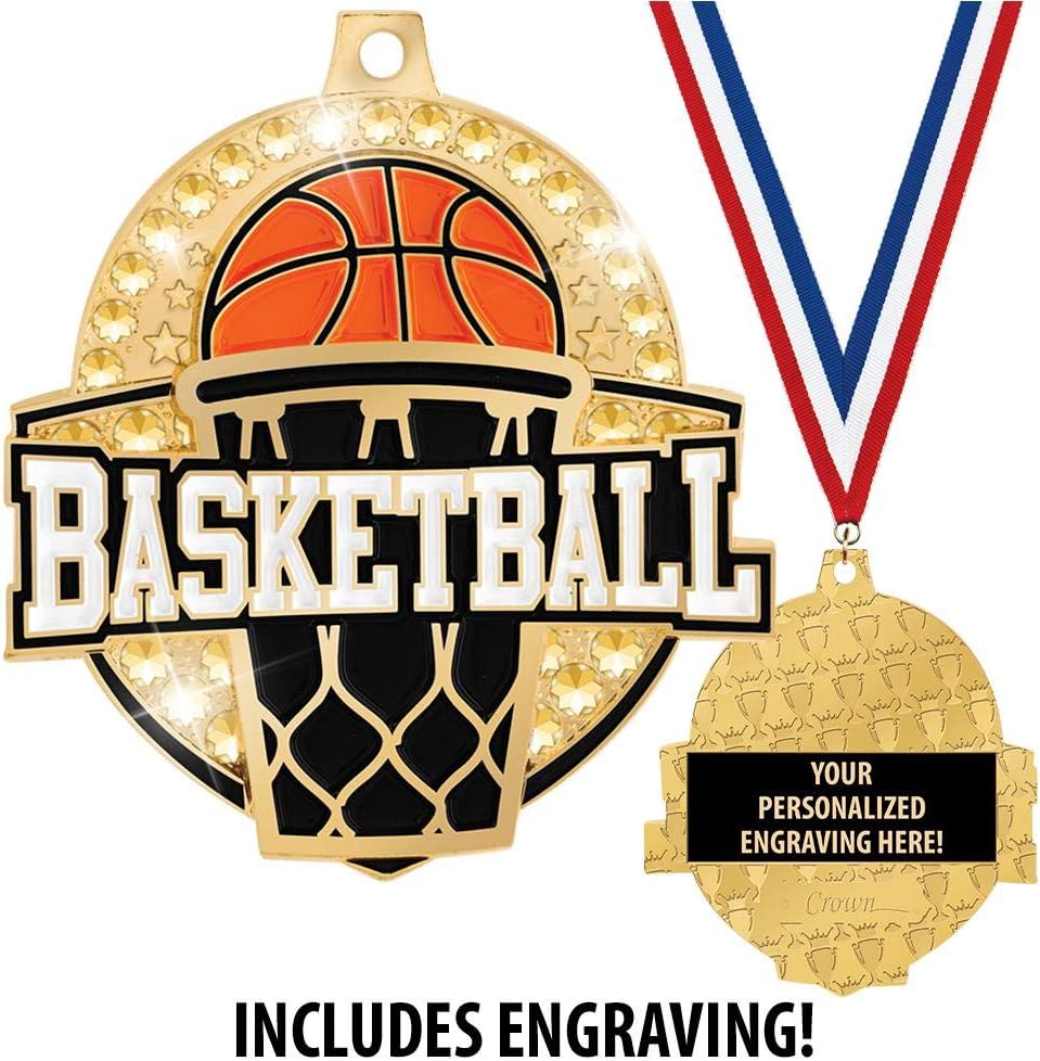 Crown Awards 2 1/4' Royal Basketball Medals, Shiny Gold Basketball Medals with Free Engraving Prime