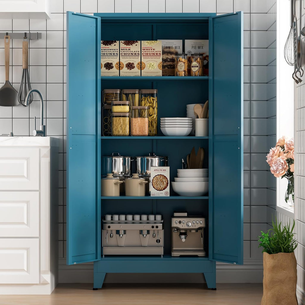 COFaR Home Farmhouse Storage Cabinet with 2 Barn Door, Tall Kitchen Pantry Cupboard with 3 Adjustable Shelves, for Dining Room, Bathroom, Living Room (Blue Green, 61' Farmhouse)