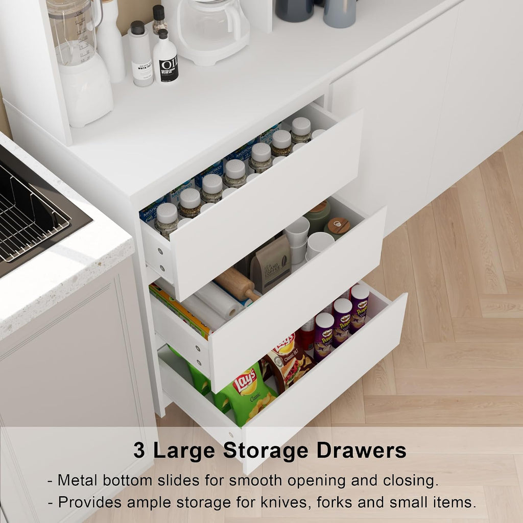 Mekminop Extra Large Kitchen Pantry with Microwave Shelf, Kitchen Hutch Storage Cabinet with Countertop, Freestanding Countertop Cabinet with 3 Drawers and 3 Open Shelves, White