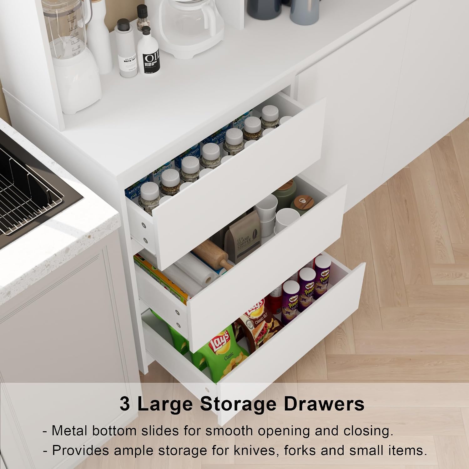 Mekminop Extra Large Kitchen Pantry with Microwave Shelf, Kitchen Hutch Storage Cabinet with Countertop, Freestanding Countertop Cabinet with 3 Drawers and 3 Open Shelves, White