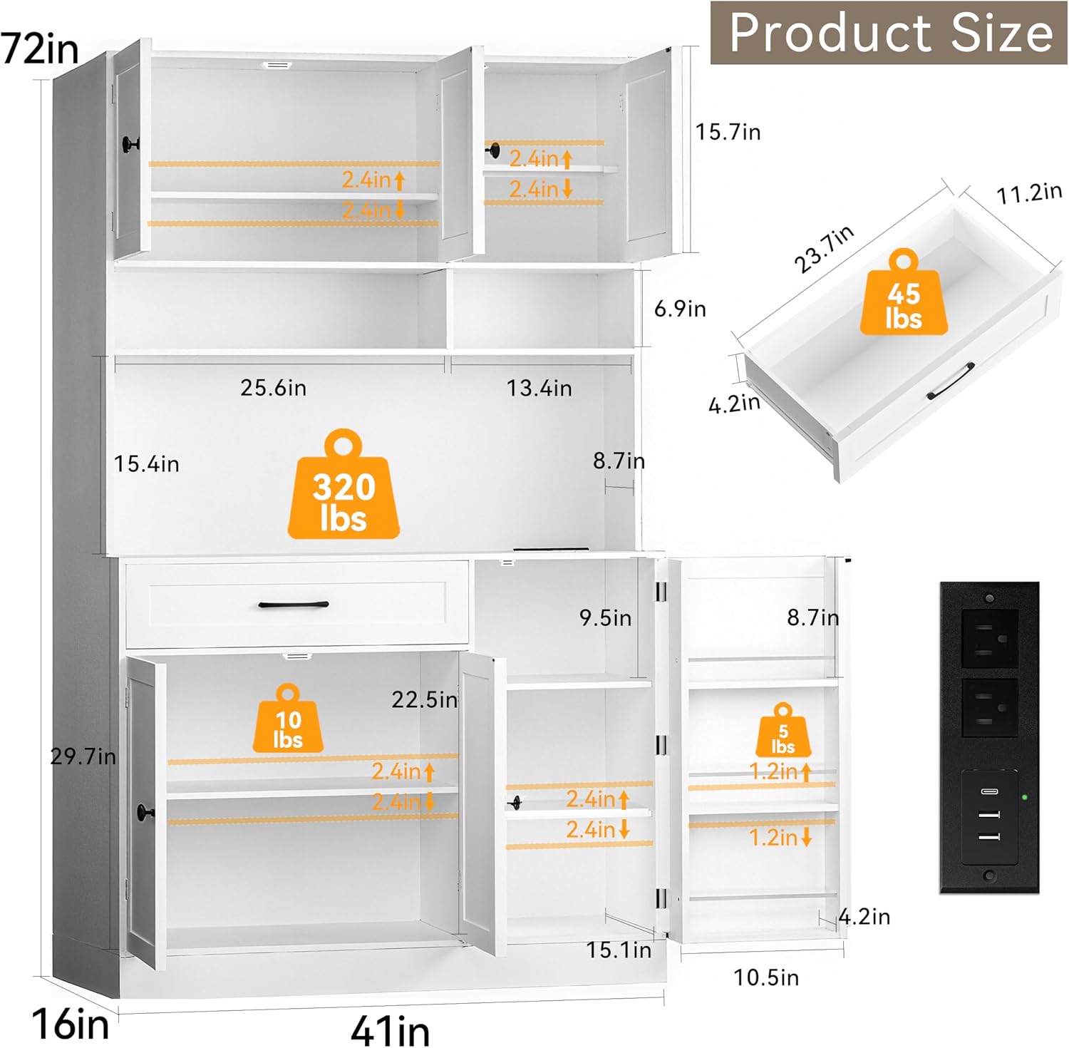 FJTJBSI 72' Kitchen Pantry Cabinet with LED Light and Charging Station Tall Pantry Storage Cabinet with Adjustable Shelves and Door Shelves Modern Kitchen Hutch with Microwave Stand and Countertop