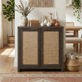 OAKHAM HOME Rattan Sideboard Cabinet with Storage, Buffet Cabinet with 2 Soft-Close Doors, Adjustable Shelves and 110 lbs Top, Storage Cabinet for Living Room, Kitchen, Entryway, Black Oak