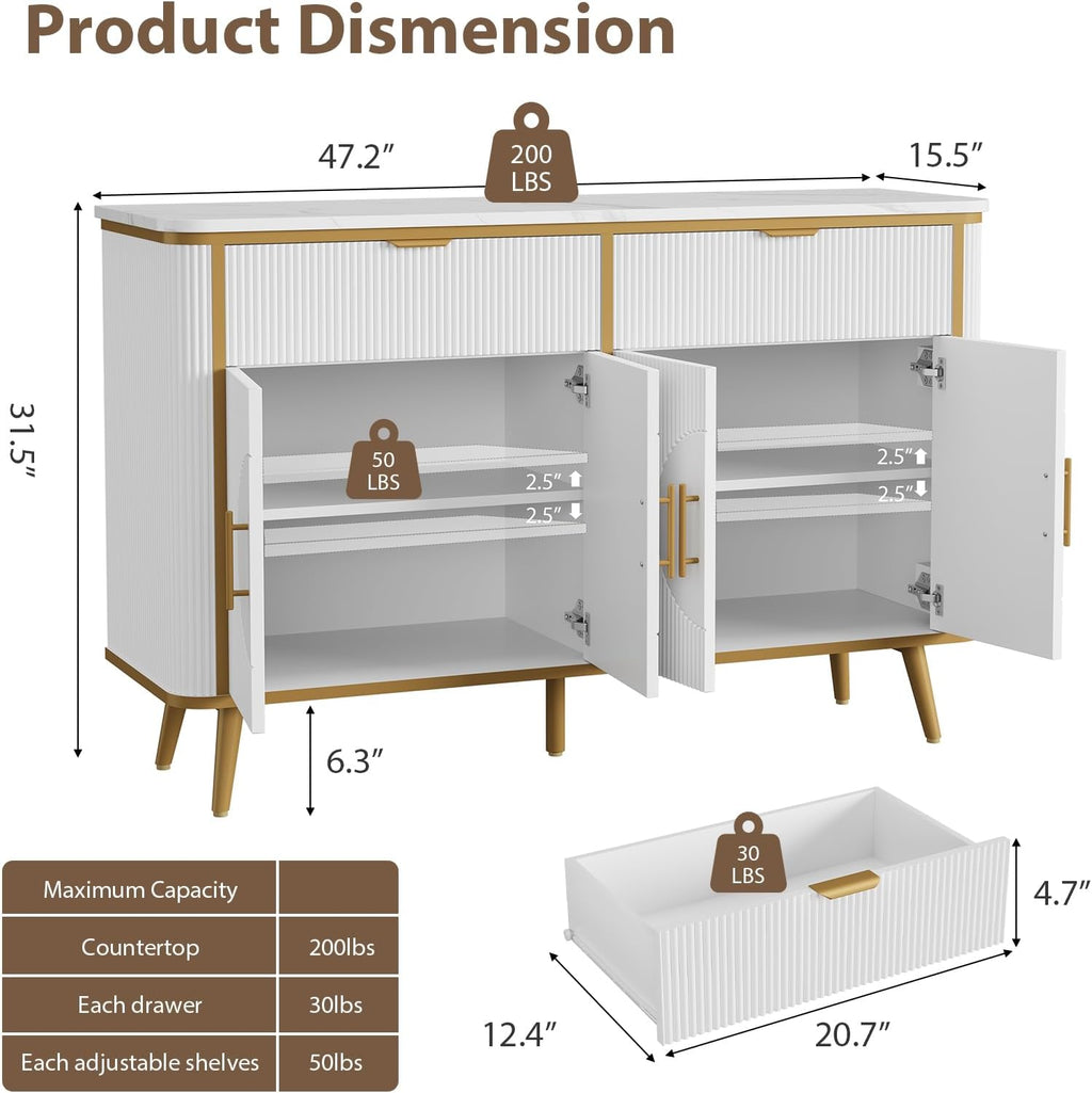 47.2' Buffet Storage Cabinet, Modern Fluted Coffee Bar Station with 2 Drawers & Adjustable Shelves, Kitchen Sideboard Buffet for Dining Room, Living Room, Hallway, White