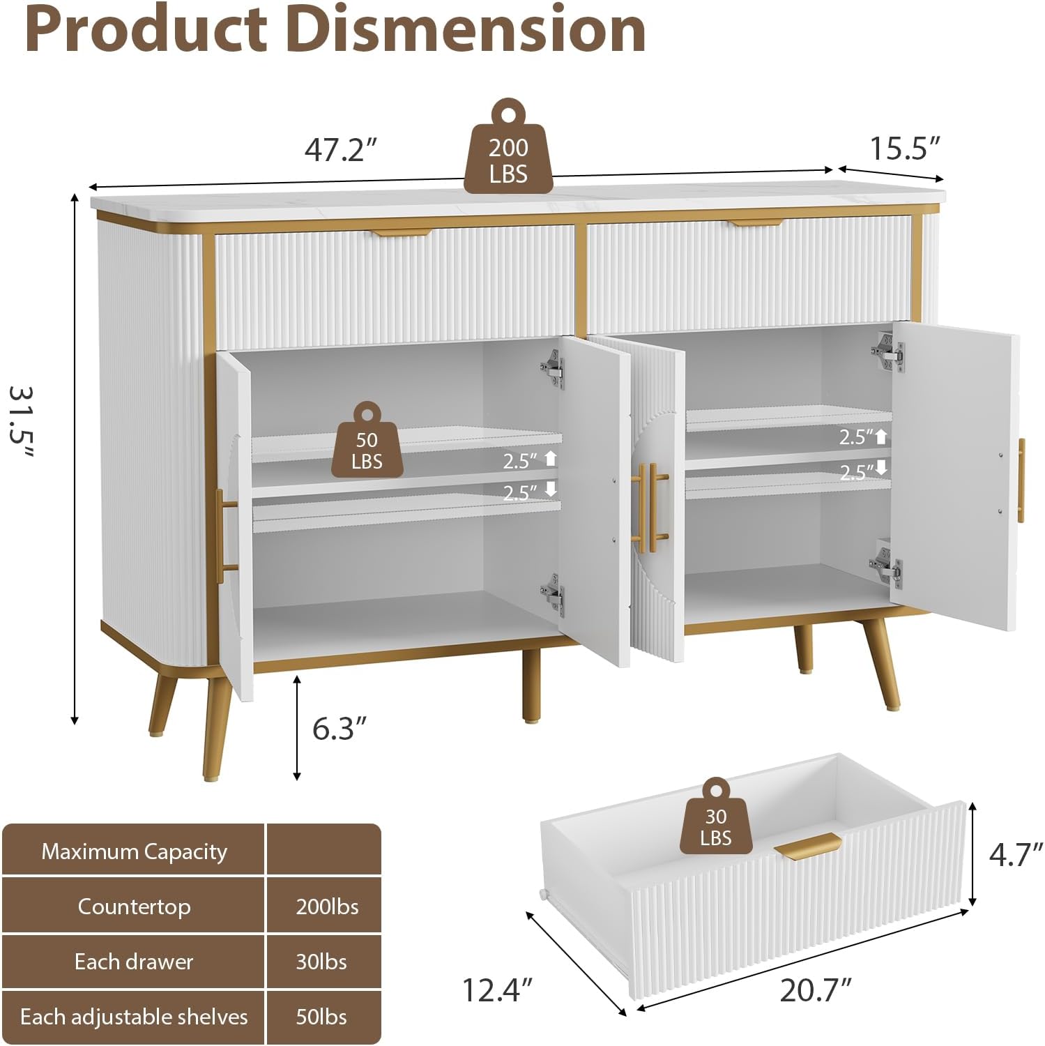 47.2' Buffet Storage Cabinet, Modern Fluted Coffee Bar Station with 2 Drawers & Adjustable Shelves, Kitchen Sideboard Buffet for Dining Room, Living Room, Hallway, White
