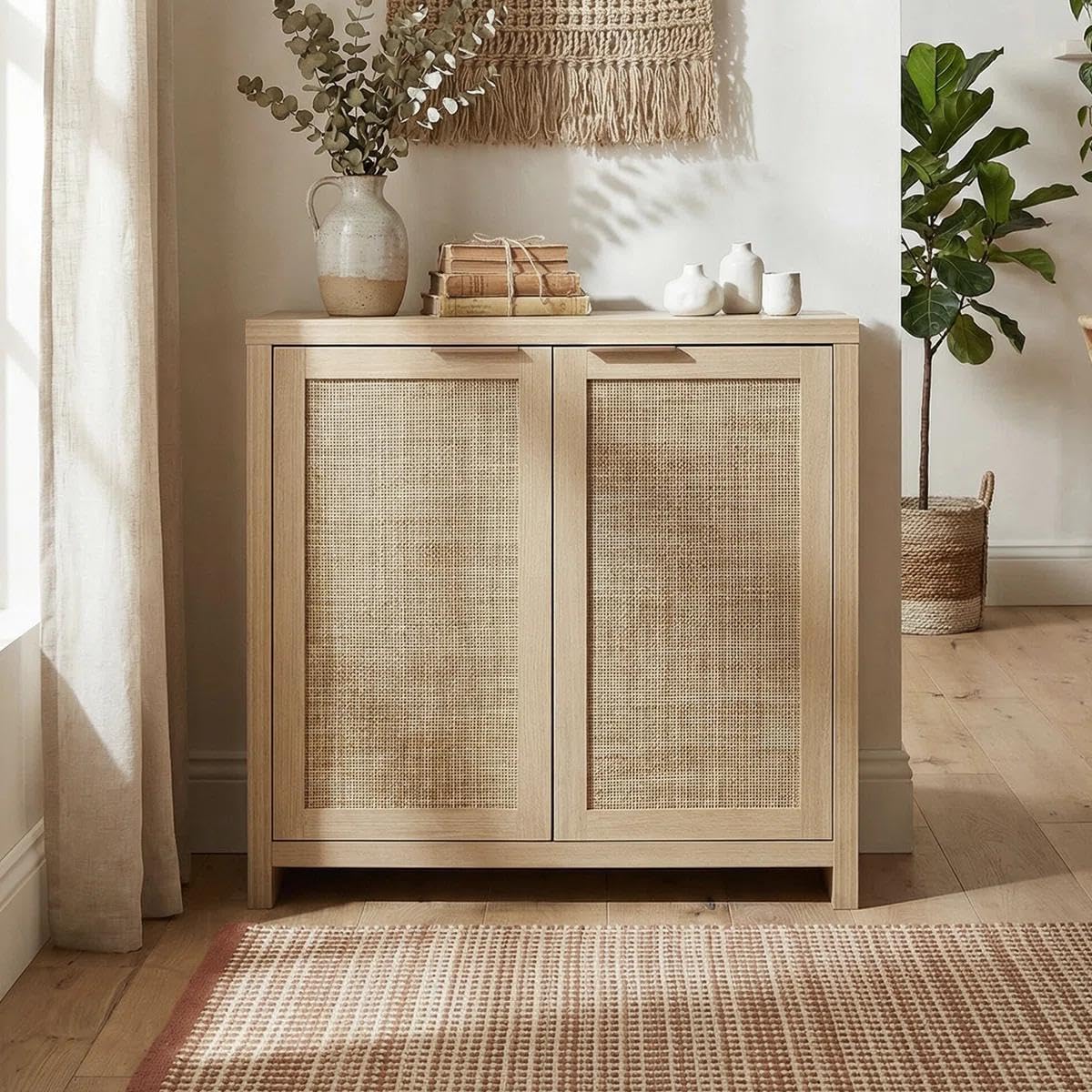 OAKHAM HOME Rattan Sideboard Buffet Cabinet with Storage, Boho Farmhouse Credenza with Adjustable Shelves, Decorative Coffee Bar Cabinet for Kitchen, Living Room & Entryway Organization, Light Oak