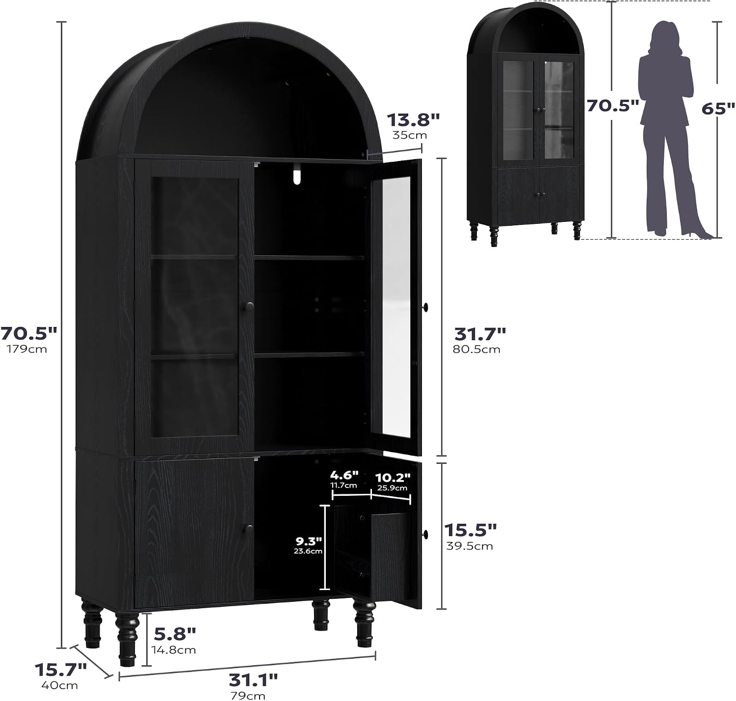 Furnify 71' Tall Arched Pantry Cabinet, Modern Kitchen Storage Cabinet with Doors, 3 Adjustable Shelves, Door Shelves, Organizer, Versatile Cupboard for Kitchen, Bathroom, Black