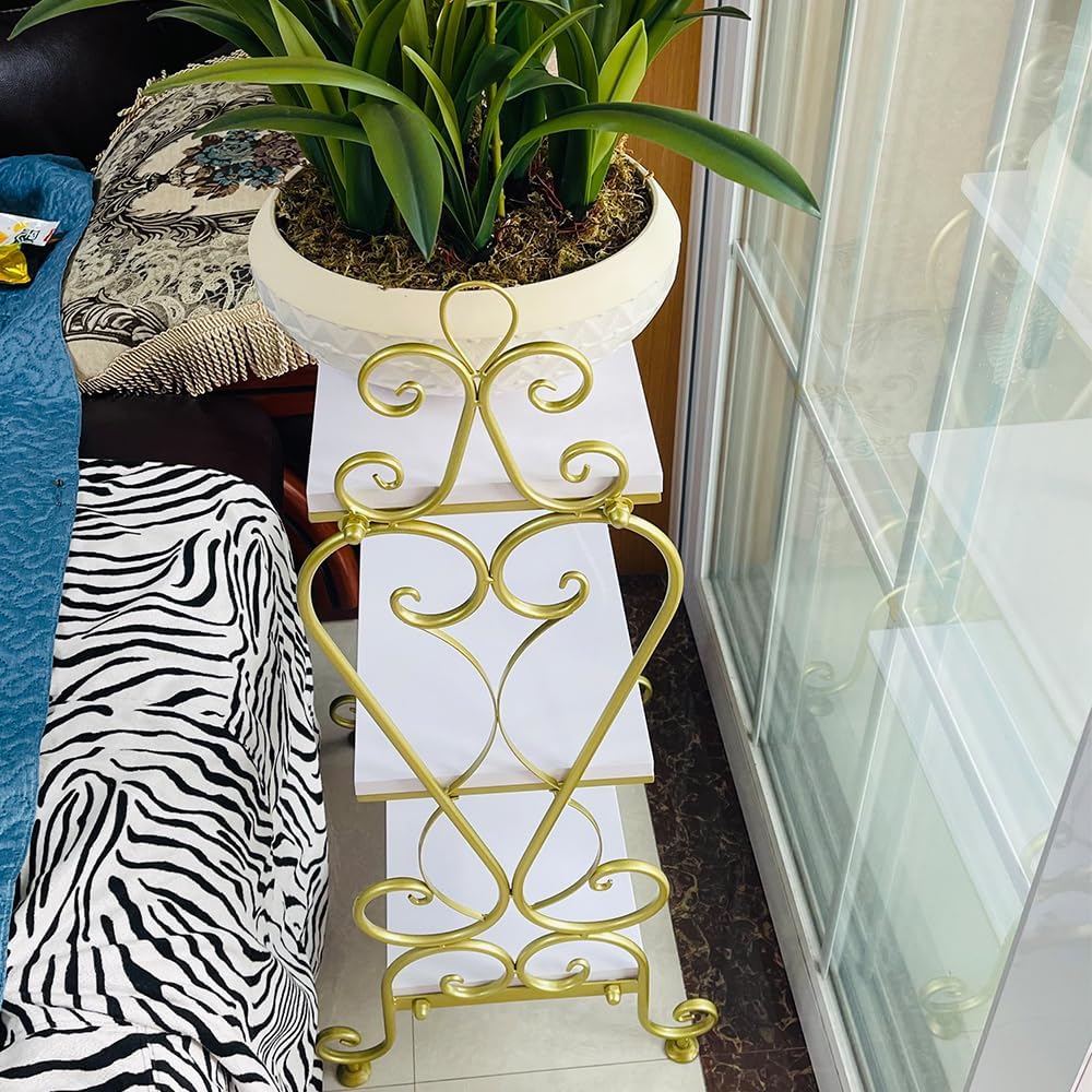 3-Tier Plant Shelf for Indoor,Rustic Wood Bookcase Shelf with Metal Frame,Rustic Storage Rack with Open Shelves for Living Room Bedroom and Balcony (Gold Frame+ White Shelf)