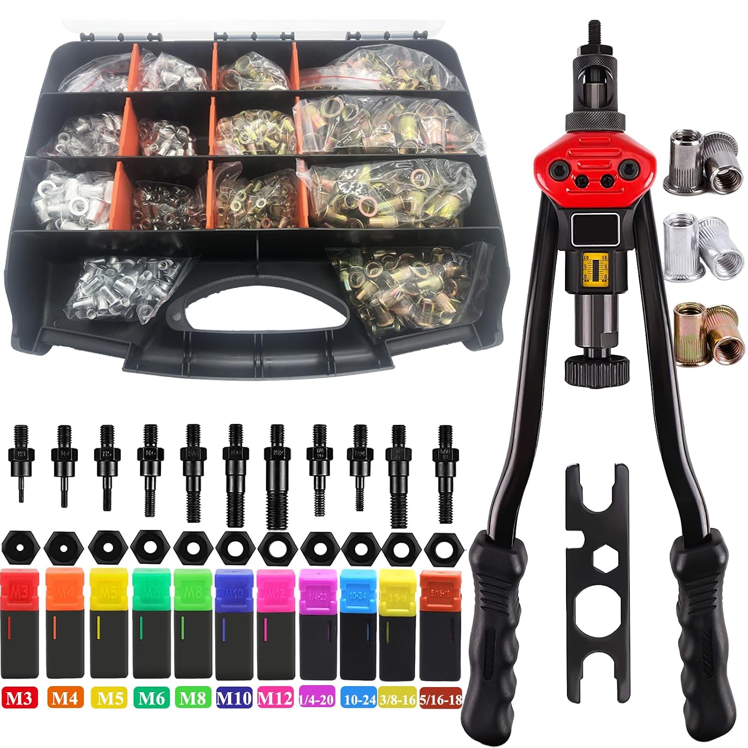 1310pcs Rivet Nut Tool Kit,16-Inch Rivnut Tool Kit with 11 Metric & SAE Mandrels(M3 M4 M5 M6 M8 M10 M12;SAE 10-24,1/4-20,5/16-18,3/8-16),NutsertTool Kit Rivet Nut Assortment Kit with Carrying Case