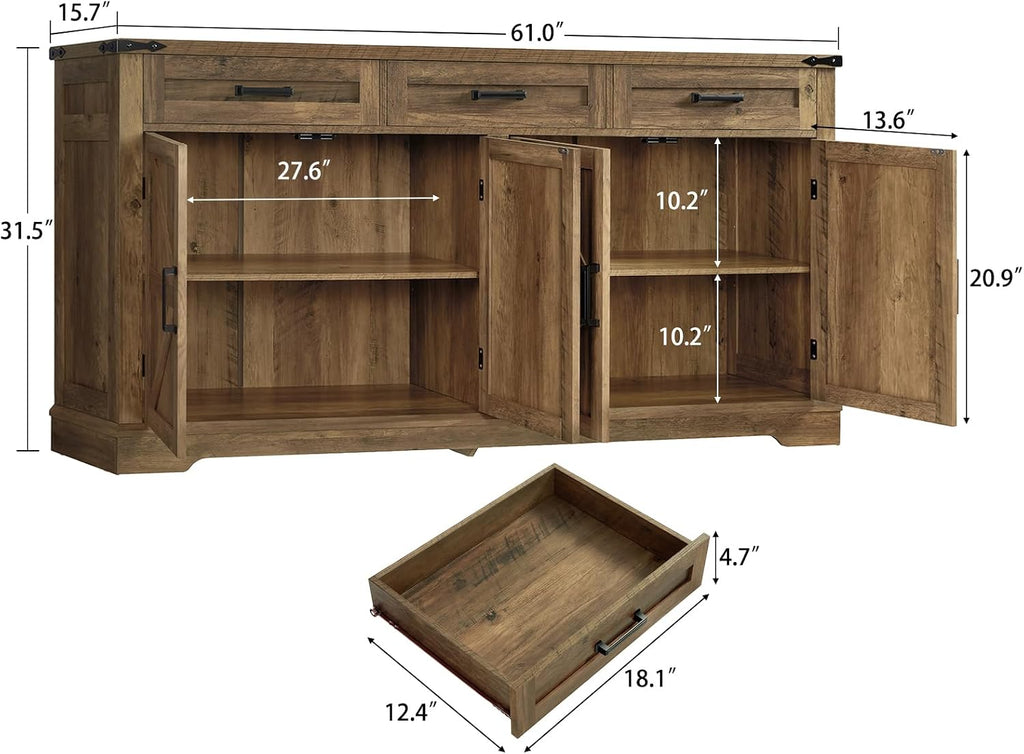 usikey 61' Large Buffet Cabinet with 4 Doors and 3 Drawers, Farmhouse Buffet Sideboard Cabinet with Storage, Coffee Bar Wine Bar for Living Room, Honey Brown