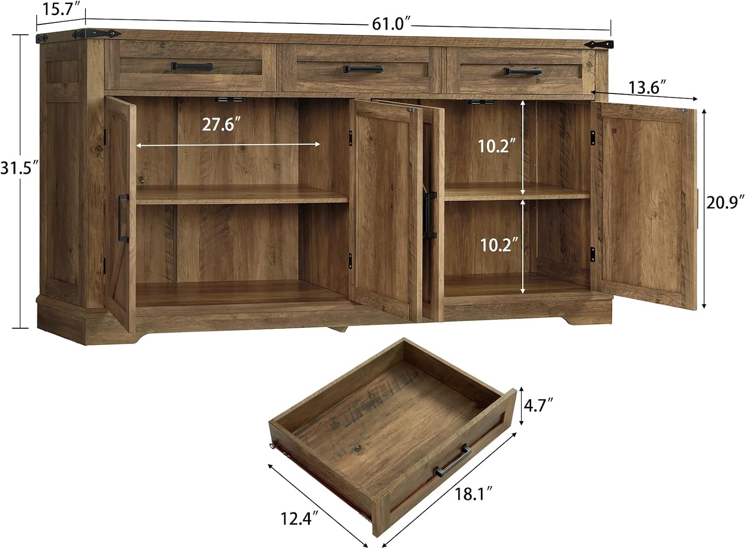 usikey 61' Large Buffet Cabinet with 4 Doors and 3 Drawers, Farmhouse Buffet Sideboard Cabinet with Storage, Coffee Bar Wine Bar for Living Room, Honey Brown
