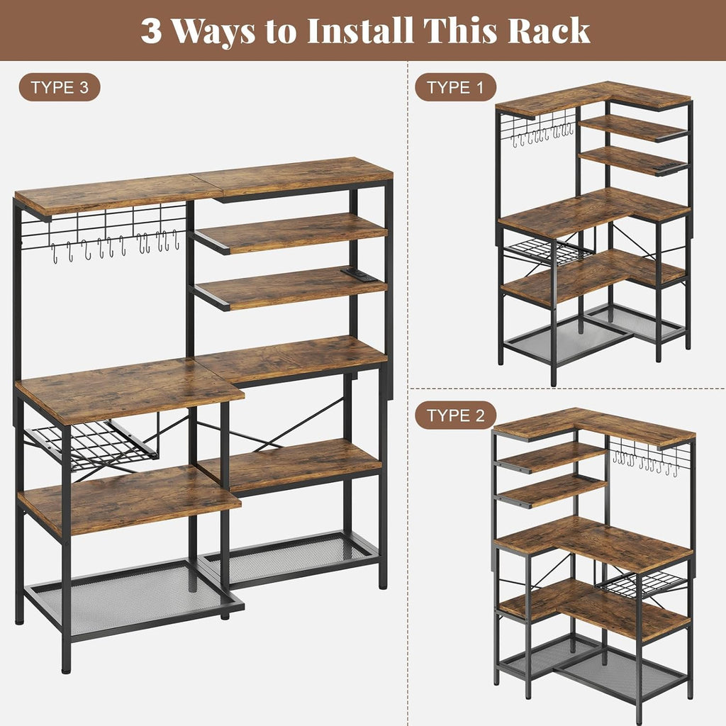L-Shaped Bakers Rack with Power Outlet, 6-Tier Microwave Stand with Open Storage, Coffee Bar with Hooks, Mesh Grid, Kitchen Shelf with Wire Basket, Rustic Brown and Black