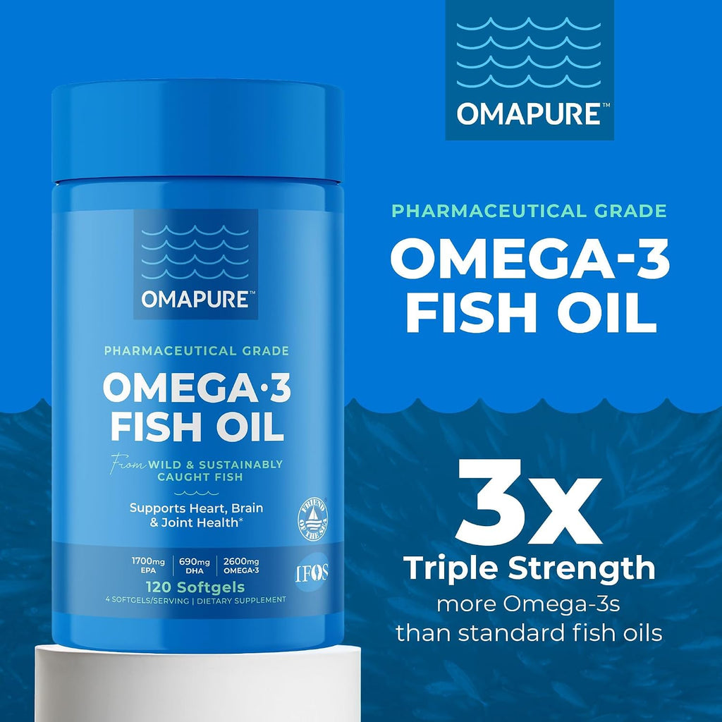 OMAPURE Fish Oil Omega 3 Supplements - Triple Strength - High EPA, DHA - IFOS Lab Tested - Supports Heart & Brain Health - Burpless Capsules - Wild Caught - (10 Bottles - 120 Softgels Per Bottle)