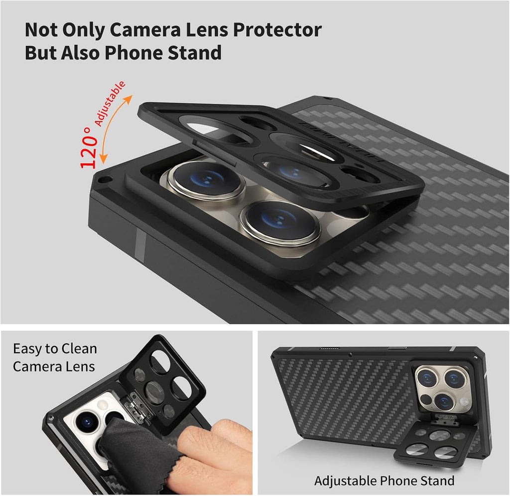 Luxury Carbon Fiber Aluminum Case for iPhone 16 Pro Max, Heavy Duty Rugged Military Protective Phone Cover with Camera Lens Protector Stand, Strong Magnetic Ring Compatible with Magsafe, Black