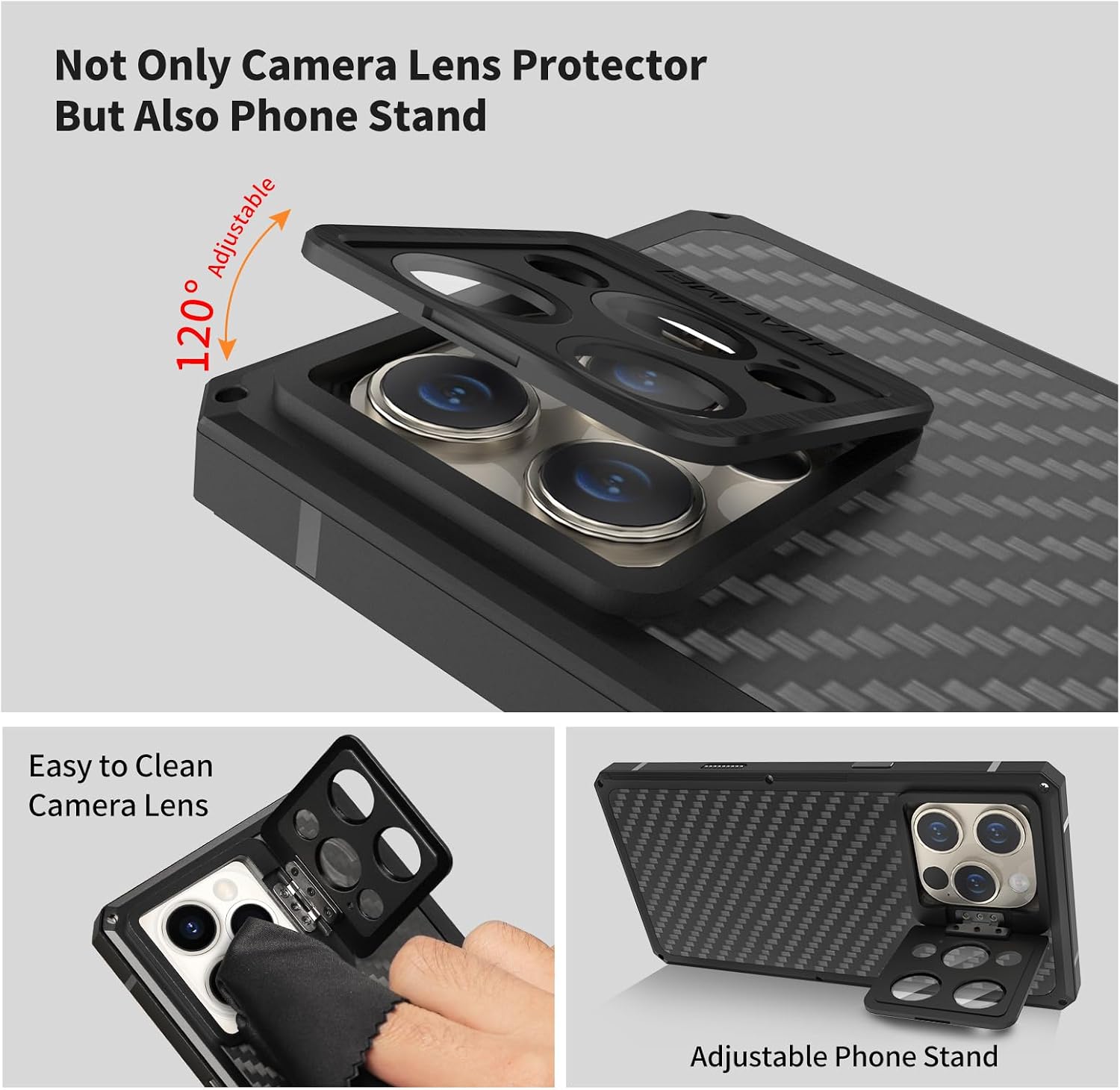 Luxury Carbon Fiber Aluminum Case for iPhone 16 Pro Max, Heavy Duty Rugged Military Protective Phone Cover with Camera Lens Protector Stand, Strong Magnetic Ring Compatible with Magsafe, Black