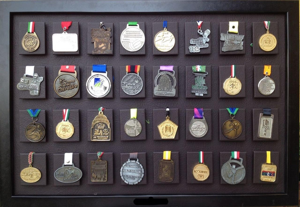 Medal Display 32 Medals (Dark Brown), Marathon, Triathlon, Gymnastics, Soccer, Wrestling, Swimming, Track and Field, Martial Arts. Easy to Install, Beautifully Crafted.