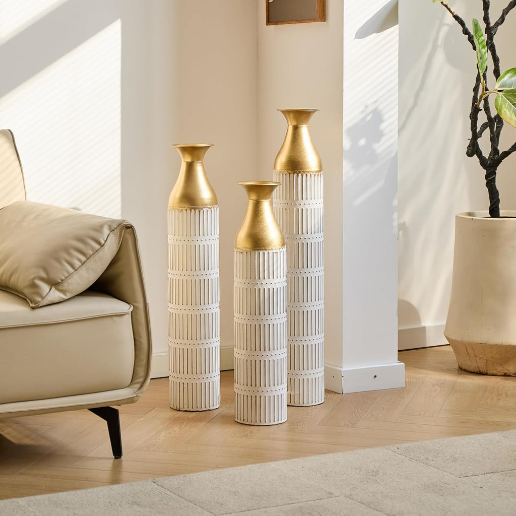 Floor Vases Decorative Tall - 24/28.7/33.5in Glazed Metal Extra Large Decorative Vase Set of 3, White Tall Floor Vase for Home Decor, Living Room Entryway Decor Dining Bedroom Home Corner Office