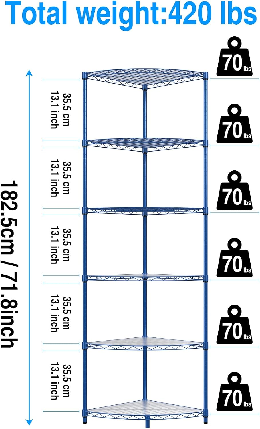 6 Tier NSF Corner Wire Shelf Shelving Unit, 18 x 18 x 72 Inch 420lbs Capacity Heavy Duty Adjustable Metal Storage Rack with Leveling Feet & Shelf Liners for Office Kitchen Bathroom and More - Blue