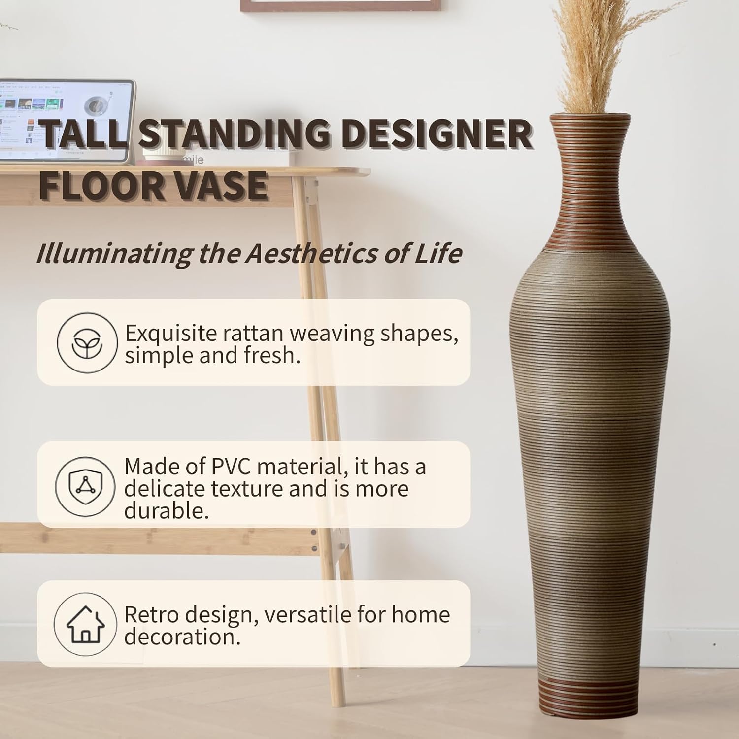 39-Inch Tall Vintage Floor Vase - Premium PVC Rattan Weave, Large Brown Standing Vase, Flower Holder for Home Decor (Brown Grey)