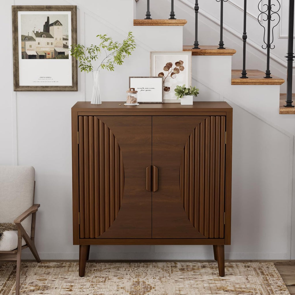 COSIEST 30' W Storage Cabinet with Doors and Shelves, Mid-Century Cabinet with Adjustable Shelf, Accent Sideboard for Kitchen, Dining Room, Living Room, or Hallway (Brown, Line Pattern)