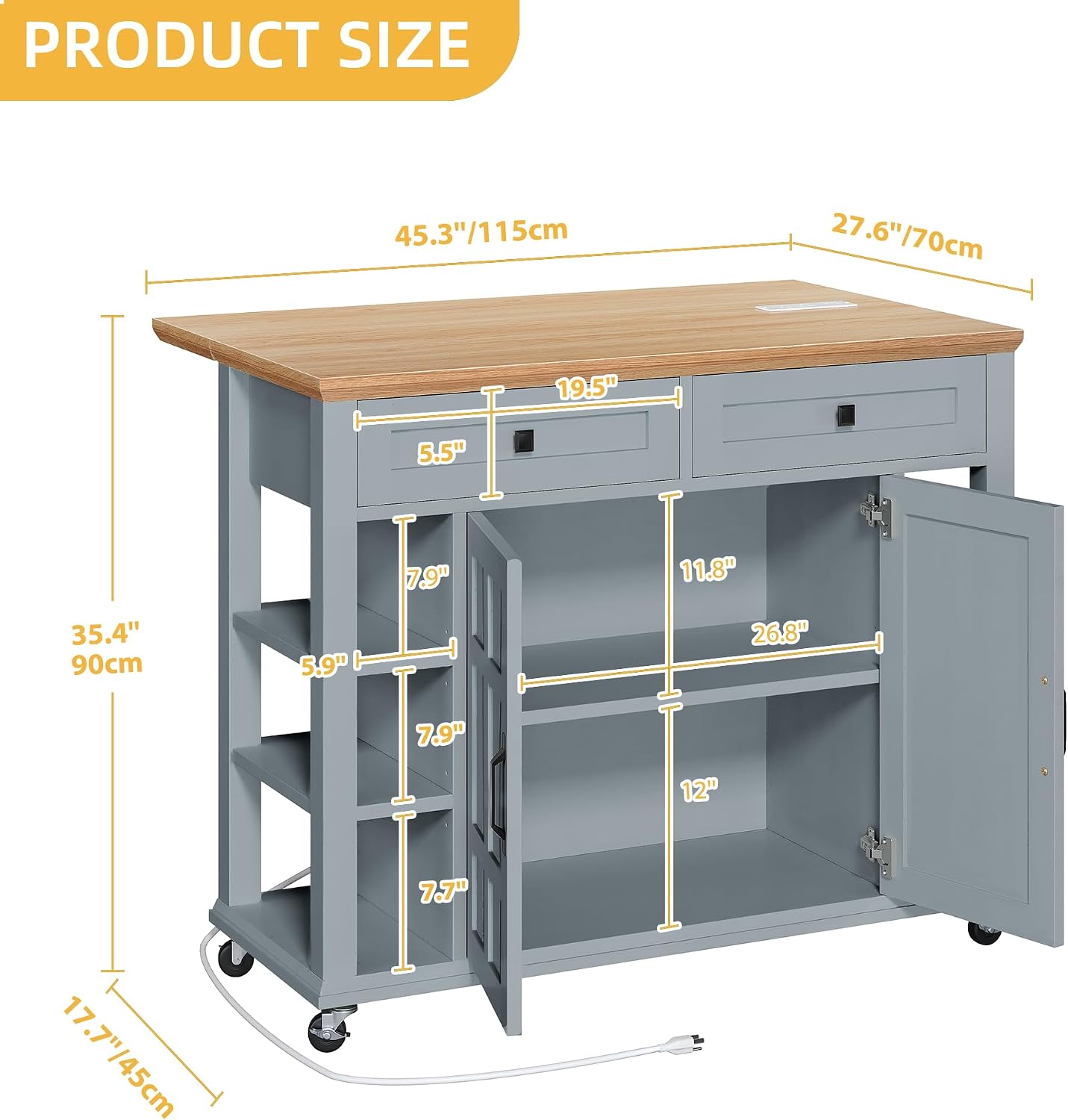 DWVO Rolling Kitchen Island with Drop Leaf, Mobile Storage Islands with Power Outlet Foldable Tabletop, 2 Drawers and Open Shelves, for Living Room, Dining Room, Blue Gray